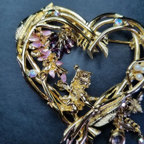 Vintage Signed Kirks Folly Fairy Wisteria Heart Gold Tone Rhinestone Brooch Pin - Picture 6 of 8